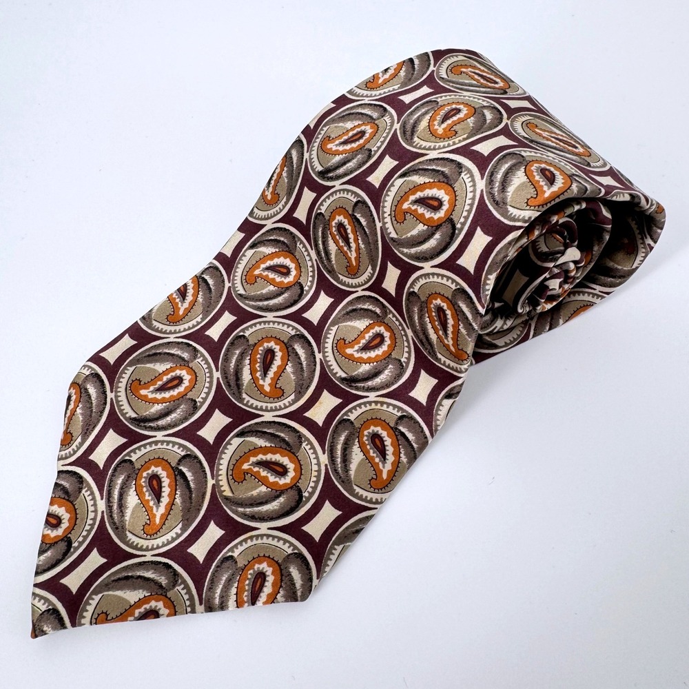 Christian Dior Necktie Mens 56" Burgundy Gold Paisley Medallion Silk Made in USA